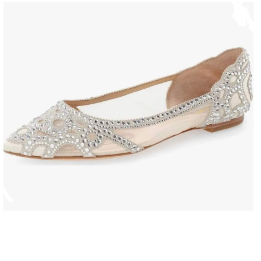 XYD Beige Pointed Toe Rhinestone Flat Mesh Slip-on Crystals Wedding Bride Ballet